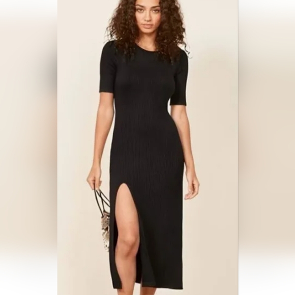 Reformation Dresses & Skirts - Reformation Black Ribbed Short-Sleeve Midi Dress with Side Slit
